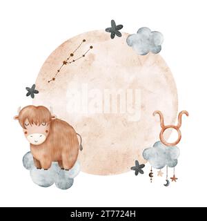 Composition pour enfants aquarelle du signe du zodiaque Taureau, nuage, étoiles, lune et constellation. Pour impression, emballage, cartes postales, brochures, baby sho Banque D'Images