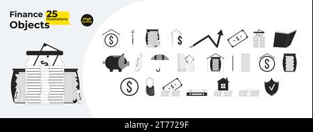 Finance argent paquet d'objets de dessin animé de ligne 2D noir et blanc Illustration de Vecteur