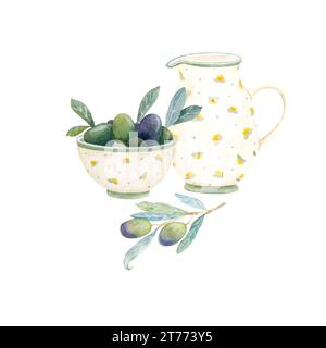 Bol de tirage à la main aquarelle avec olives et pot en céramique. Branche d'olivier aquarelle Banque D'Images