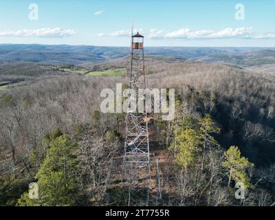 Une vue aérienne d'un paysage montagneux avec une grande tour dépassant des arbres Banque D'Images