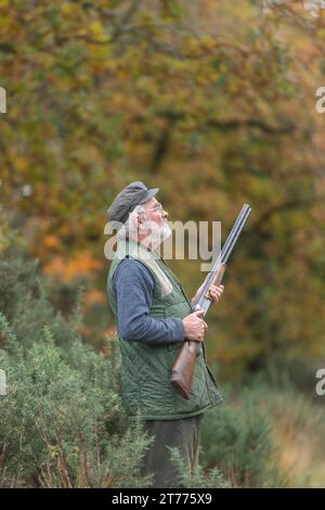 homme âgé avec un fusil de chasse sur un pousse d'oiseau Banque D'Images