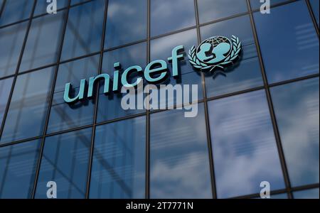 New York, New York, 10 novembre 2023 : concept de construction en verre du siège de l'UNICEF. Logo symbole du Fonds des Nations Unies pour l’enfance 3d illustra Banque D'Images