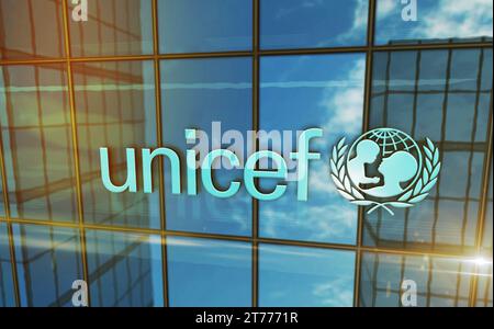 New York, New York, 10 novembre 2023 : concept de construction en verre du siège de l'UNICEF. Logo symbole du Fonds des Nations Unies pour l’enfance 3d illustra Banque D'Images