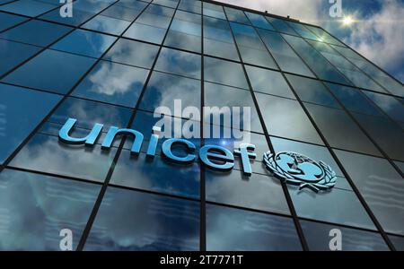 New York, New York, 10 novembre 2023 : concept de construction en verre du siège de l'UNICEF. Logo symbole du Fonds des Nations Unies pour l’enfance 3d illustra Banque D'Images