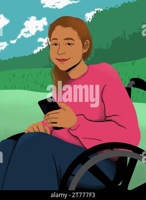 Portrait souriant, jeune femme confiante en fauteuil roulant à l'aide d'un téléphone intelligent dans le parc Banque D'Images