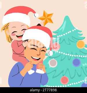 Papa et bébé fille ont mis l'étoile de Noël sur le dessus du concept d'arbre de temps en famille sur le dessin d'illustration vectorielle de vacances d'hiver. Père et fille décorati Banque D'Images