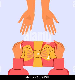 Mains de femme donnant la boîte de cadeau rouge de vacances avec le ruban d'or dans les bras féminins. Cadeau cadeau exprimant l'amour. Anniversaire Saint Valentin Noël nouvel an Banque D'Images