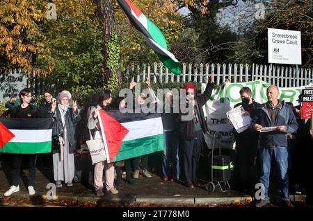 Les partisans se rassemblent devant la Cour de la Couronne de Snaresbrook pour écouter des discours et brandir des drapeaux en solidarité avec les accusés. Les actionistes palestiniens connus sous le nom de « The Elbit Eight » font face à des accusations de conspiration pour commettre des dommages criminels, des cambriolages et certains d'entre eux, du chantage, contre la société d'armement israélienne Elbit Systems. Les charges remontent à 2020. Six semaines ont été réservées au tribunal. Palestine action pense que les entreprises d'Elbit au Royaume-Uni fabriquent des drones qui sont utilisés à Gaza et ailleurs contre le peuple palestinien. Leurs actions directes contre Elbit Systems au Royaume-Uni se sont déjà concrétisées Banque D'Images