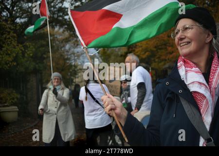 Des partisans se rassemblent devant la Cour de la Couronne de Snaresbrook et brandissent des drapeaux en solidarité avec les accusés. Les actionistes palestiniens connus sous le nom de « The Elbit Eight » font face à des accusations de conspiration pour commettre des dommages criminels, des cambriolages et certains d'entre eux, du chantage, contre la société d'armement israélienne Elbit Systems. Les charges remontent à 2020. Six semaines ont été réservées au tribunal. Palestine action pense que les entreprises d'Elbit au Royaume-Uni fabriquent des drones qui sont utilisés à Gaza et ailleurs contre le peuple palestinien. Leurs actions directes contre Elbit Systems au Royaume-Uni ont déjà vu deux de leurs 10 actions Banque D'Images