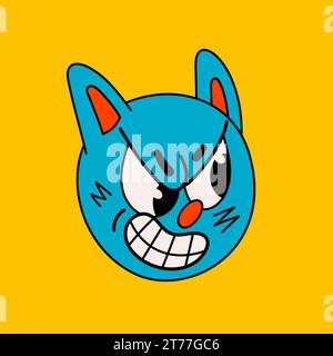 Visage de chat en colère de dessin animé rétro. Groovy vintage des années 70 caractère bleu chat museau en colère. Illustration de Vecteur