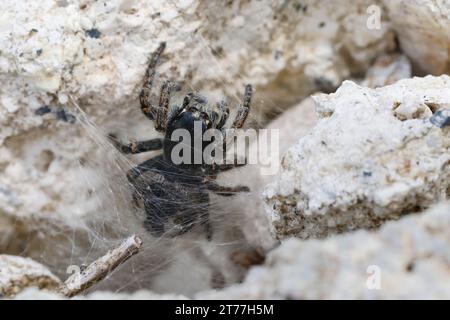 Araignée sauteuse (Philaeus chrysops), femelle dans un gossamer entre les pierres, vue dorsale, Croatie Banque D'Images