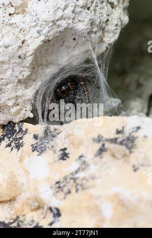 Araignée sauteuse (Philaeus chrysops), femelle dans un gossamer entre les pierres, vue de face, Croatie Banque D'Images