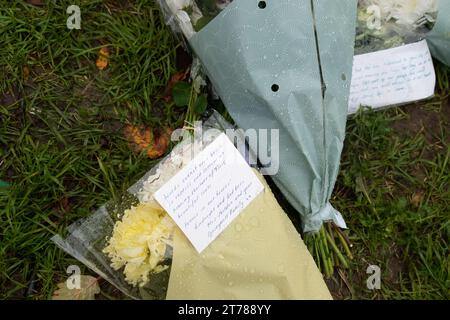 Hounslow, Royaume-Uni. 14 novembre 2023. Hommages floraux laissés dans Channel Close. La police, la criminalistique et les enquêteurs sur les incendies restent sur les lieux d'un incendie tragique qui a tué cinq personnes, dont trois enfants, dans une maison de Channel Close à Hounslow, dans l'ouest de Londres, dimanche soir. Une personne reste à l'hôpital tandis qu'une autre personne est portée morte. Andy Roe, commissaire aux incendies de Londres, a offert ses sincères condoléances après les morts tragiques. Dix pompiers et environ 70 pompiers ont été appelés à un incendie de la maison. Le rez-de-chaussée et les premiers étages d'une maison mitoyenne ont été détruits par Banque D'Images