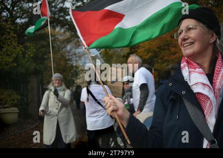 Des partisans se rassemblent devant la Cour de la Couronne de Snaresbrook et brandissent des drapeaux en solidarité avec les accusés. Les actionistes palestiniens connus sous le nom de « The Elbit Eight » font face à des accusations de conspiration pour commettre des dommages criminels, des cambriolages et certains d'entre eux, du chantage, contre la société d'armement israélienne Elbit Systems. Les charges remontent à 2020. Six semaines ont été réservées au tribunal. Palestine action pense que les entreprises d'Elbit au Royaume-Uni fabriquent des drones qui sont utilisés à Gaza et ailleurs contre le peuple palestinien. Leurs actions directes contre Elbit Systems au Royaume-Uni ont déjà vu deux de leurs 10 actions Banque D'Images