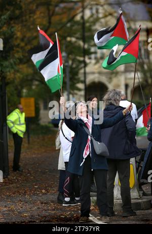 Des partisans se rassemblent devant la Cour de la Couronne de Snaresbrook et brandissent des drapeaux en solidarité avec les accusés. Les actionistes palestiniens connus sous le nom de « The Elbit Eight » font face à des accusations de conspiration pour commettre des dommages criminels, des cambriolages et certains d'entre eux, du chantage, contre la société d'armement israélienne Elbit Systems. Les charges remontent à 2020. Six semaines ont été réservées au tribunal. Palestine action pense que les entreprises d'Elbit au Royaume-Uni fabriquent des drones qui sont utilisés à Gaza et ailleurs contre le peuple palestinien. Leurs actions directes contre Elbit Systems au Royaume-Uni ont déjà vu deux de leurs 10 actions Banque D'Images