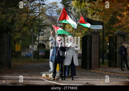 Des partisans se rassemblent devant la Cour de la Couronne de Snaresbrook et brandissent des drapeaux en solidarité avec les accusés. Les actionistes palestiniens connus sous le nom de « The Elbit Eight » font face à des accusations de conspiration pour commettre des dommages criminels, des cambriolages et certains d'entre eux, du chantage, contre la société d'armement israélienne Elbit Systems. Les charges remontent à 2020. Six semaines ont été réservées au tribunal. Palestine action pense que les entreprises d'Elbit au Royaume-Uni fabriquent des drones qui sont utilisés à Gaza et ailleurs contre le peuple palestinien. Leurs actions directes contre Elbit Systems au Royaume-Uni ont déjà vu deux de leurs 10 actions Banque D'Images