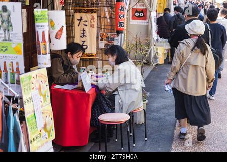 Tokyo, Japon - 9 avril 2023 : diseur de fortune dans le district de Yanaka et autres personnes non identifiées. Yanaka est un quartier qui a été épargné pendant la première Guerre mondiale Banque D'Images