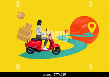 Collage illustration scooter conducteur femme déplaçant la nouvelle adresse livraison avec boîtes de carton route à geotag isolé sur fond jaune Banque D'Images