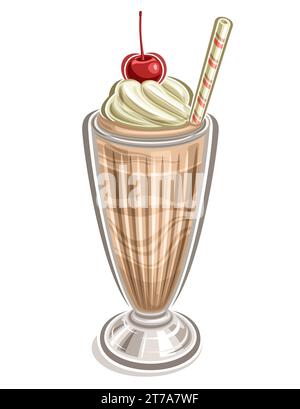 Illustration vectorielle de chocolat Milkshake, affiche décorative avec dessin animé milkshake en couches avec baie de maraschino dans la crème glacée crémeuse torsadée Illustration de Vecteur