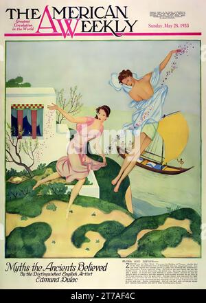 'Flora and Zephyr' publié sur 28 mai,1933 dans le magazine American Weekly Sunday peint par Edmund Dulac. Zephyr était le vent de l'Ouest. La flore était la déesse des fleurs. Apollon, Dieu du jour, était extrêmement friand de jacinthus, qui était une belle jeunesse. Un jour où Apollo jouait aux jeux de rôle, un jeu comme lancer les fers à cheval avec le jacinthus, Zephyr s'est produit le long. Il a fait un blason sur le quoit qui venait de quitter la main d’Apollo. Il frappa le jacinthus et le tua. Apollon le fit pleurer en fleur. Il aurait été difficile de punir Zephyr, parce qu'il était le vent favori des marins... Banque D'Images