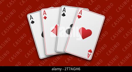 Concept de casino. Fan de cartes à jouer à la main. Table de jeu rouge. Quatre as avec le costume des coeurs, des clubs, des diamants et des pique. Illustration de Vetor. Illustration de Vecteur