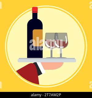 Main de garçon tenant des verres à vin et bouteille Vector Illustration de Vecteur