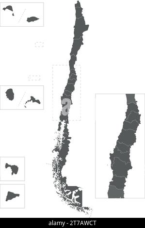 Carte vierge vectorielle du Chili avec régions et territoires et divisions administratives. Calques modifiables et clairement étiquetés. Illustration de Vecteur
