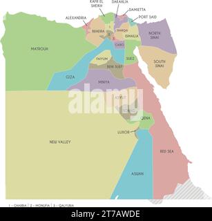 Carte vectorielle de l'Egypte avec gouvernorats ou provinces et divisions administratives. Calques modifiables et clairement étiquetés. Illustration de Vecteur