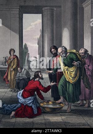 Illustration de Jésus-Christ lavant les pieds de ses disciples (JohnXIII.5) de la Bible de la famille auto-interprétant Banque D'Images