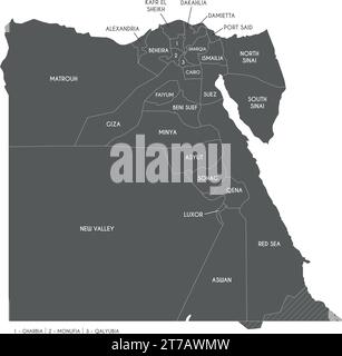 Carte vectorielle de l'Egypte avec gouvernorats ou provinces et divisions administratives. Calques modifiables et clairement étiquetés. Illustration de Vecteur