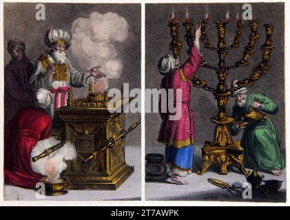 Illustration du Grand prêtre par l'autel de l'encens et le chandelier d'or de la Bible de famille auto-interprétant Banque D'Images