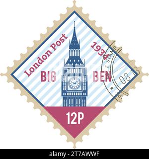 Timbre postal avec GRAND BEN célèbre monument de LONDRES, ANGLETERRE Illustration de Vecteur