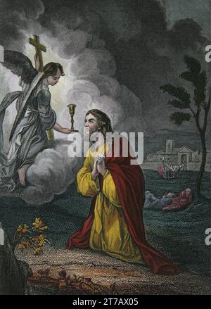 Illustration de Jésus Christ priant dans le jardin de Gethsémani quand et Ange est apparu du ciel et lui a donné la force (LukeXXII.39) du sel Banque D'Images