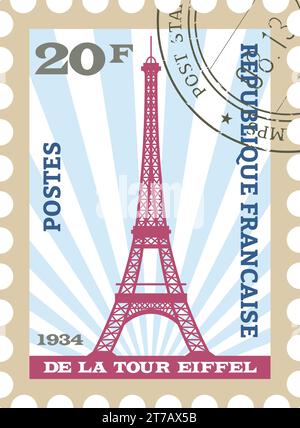 Timbre postal avec TOUR EIFFEL célèbre monument de PARIS, FRANCE Illustration de Vecteur