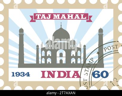 Timbre postal avec TAJ MAHAL célèbre monument d'AGRA, INDE Illustration de Vecteur