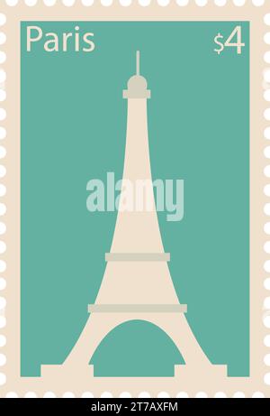 Timbre postal avec TOUR EIFFEL célèbre monument de PARIS, FRANCE Illustration de Vecteur