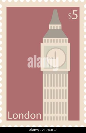 Timbre postal avec GRAND BEN célèbre monument de LONDRES, ANGLETERRE Illustration de Vecteur