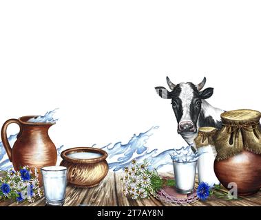 Vache et produits laitiers dans des plats en céramique et en verre. Le cadre est une bannière avec des éclaboussures de lait. Une illustration dessinée à l'aquarelle à la main. Pour dair Banque D'Images