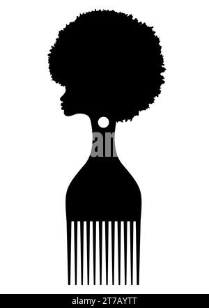 symbole de peigne afro, signe de brosse à cheveux africaine pour les cheveux bouclés, conception plate simple de silhouette de femme africaine noire, illustration vectorielle isolée sur blanc Illustration de Vecteur