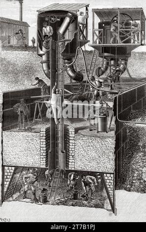 Vue d'un coffret de fondation de la Tour Eiffel par section air comprimé montrant les travaux souterrains et les tubes d'accès et d'excavation, France. Illustration ancienne de Louis Poyet (1846-1913) tirée de la nature 1887 Banque D'Images