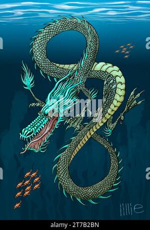 Art, mizuchi (大虬, 蛟龍, 蛟, 美都知), un type de dragon japonais ou créature légendaire semblable à un serpent, relié à l'eau, décrit par certains comme une divinité de l'eau. Banque D'Images