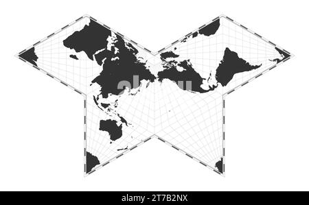 Carte du monde vectorielle. Projection papillon Collignon. Carte géographique du monde simple avec des lignes de latitude et de longitude. Centré sur une longitude de 180 degrés. Vecteur Illustration de Vecteur