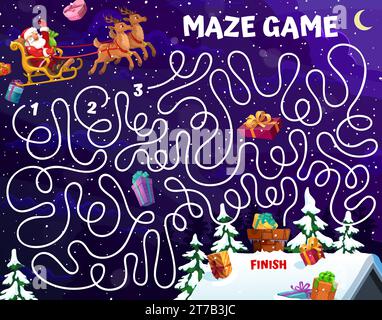 Labyrinthe de Noël labyrinthe Père Noël sur traîneau. Feuille de calcul de jeu de plateau vecteur enfant aider le personnage de père Noël de dessin animé livrer des cadeaux à la maison de chalet. Jeu de société avec chemin enchevêtré, toit avec cheminée et cadeaux Illustration de Vecteur