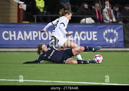 Malmo, Suède 14 novembre 2023. Lisanne Gräwe de l'Eintracht Frankfurt est assise sur Hanna Andersson de Rosengard lors du match de football de l'UEFA Women's Champions League, groupe A, entre le FC Rosengård et l'Eintracht Frankfurt au Malmö Idrottsplats à Malmo, Suède, le 14 novembre 2023. Photo : Johan Nilsson/TT/kod 50090 crédit : TT News Agency/Alamy Live News Banque D'Images