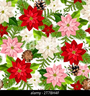 Motif sans couture de Noël avec des fleurs poinsettia rouges, roses et blanches, des pommes de pin et des branches de sapin. Vecteur Noël fond sans couture Illustration de Vecteur