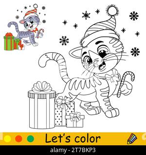 Mignon chaton heureux dans le chapeau de Noël avec des flocons de neige. Personnage de dessin animé. Illustration isolée vectorielle. Livre de coloriage avec échantillon coloré. Pour la carte, poste Illustration de Vecteur