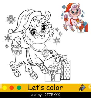 Mignon kawaii lama dans le chapeau de Noël avec un cadeau et des flocons de neige. Personnage de dessin animé. Illustration isolée vectorielle. Livre de coloriage et échantillon de couleur. Pour env Illustration de Vecteur