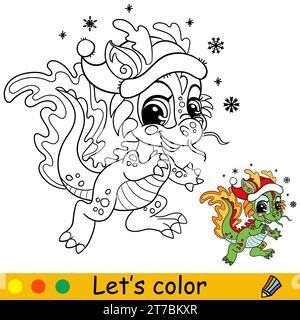 Mignon dragon heureux dans le chapeau de Noël avec des flocons de neige. Personnage de dessin animé. Illustration isolée vectorielle. Livre de coloriage et échantillon de couleur. Pour carte, affiche, Illustration de Vecteur