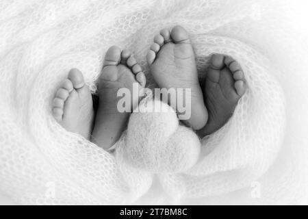 Les pieds de jumeaux nouveau-nés. Deux paires de pieds de bébé en couverture tricotée, coeur tricoté Banque D'Images