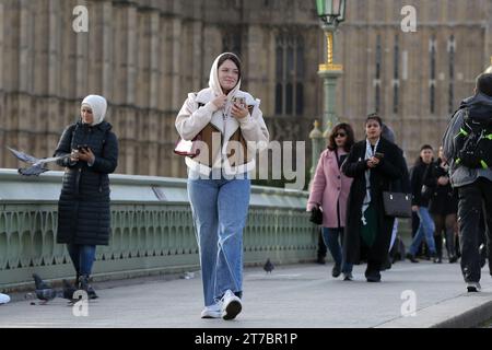 Londres, Royaume-Uni. 13 novembre 2023. Les touristes marchent sur le pont de Westminster en automne à Londres. (Photo Steve Taylor/SOPA Images/Sipa USA) crédit : SIPA USA/Alamy Live News Banque D'Images